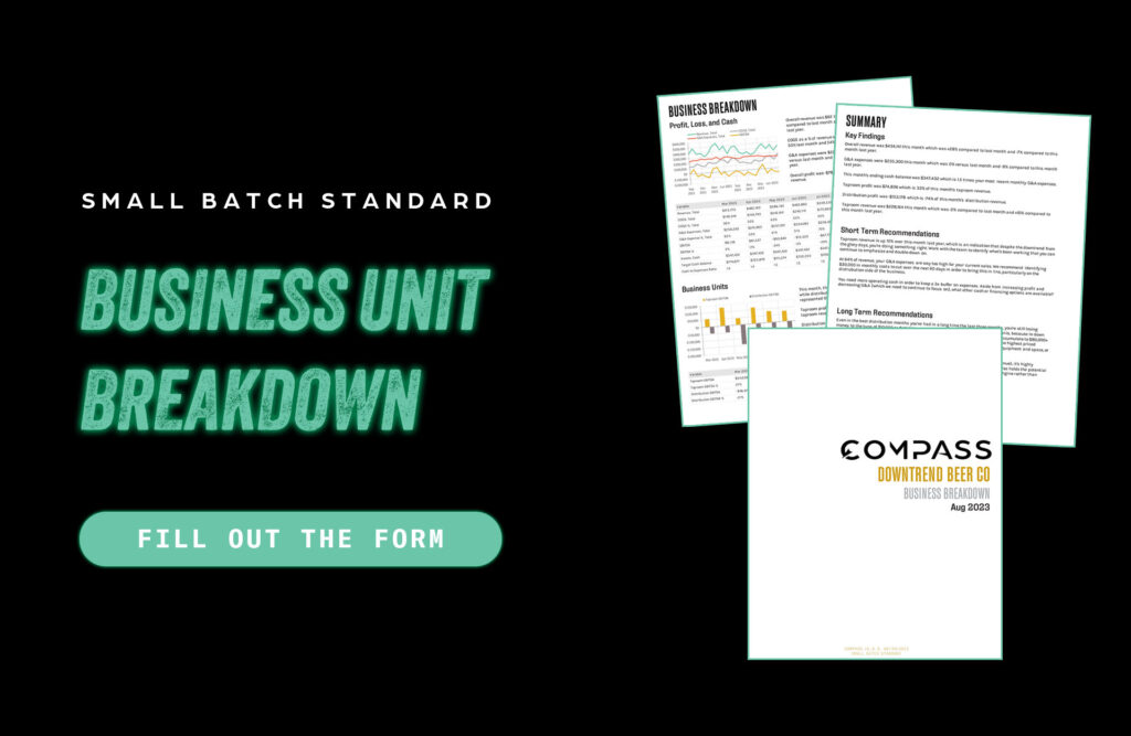 Promotional graphic for Small Batch Standard's 'Business Unit Breakdown' featuring financial summary documents and a 'Compass Downtrend Beer Co.' business breakdown report on the right side of image. Text on the image encourages viewers to click and 'Fill Out The Form' to receive the detailed analysis.